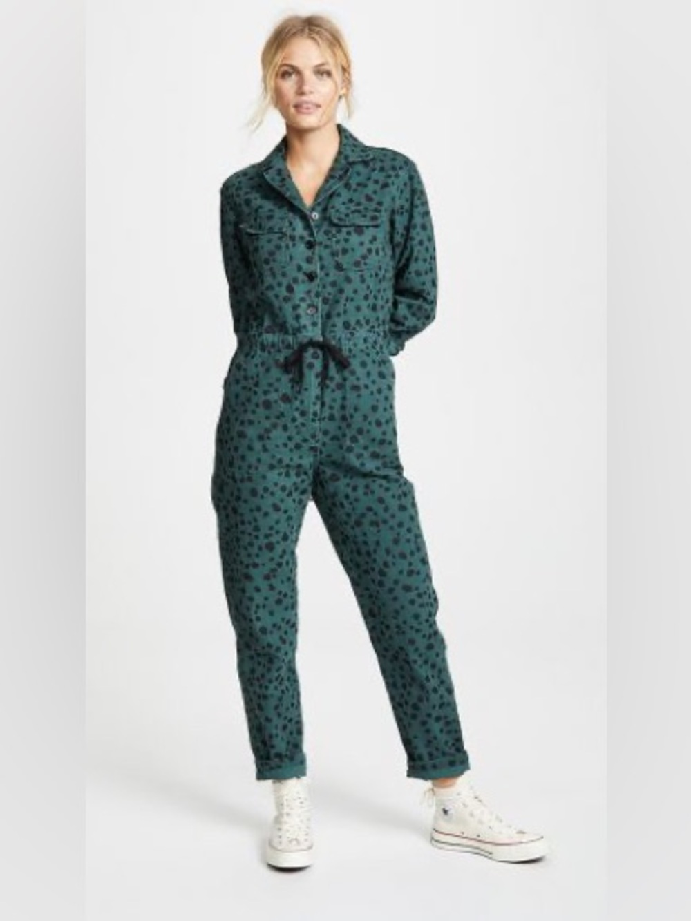 Rachel Antonoff Teal Green Leopard Spot-Print Denim Button-Front Jumpsuit NWT